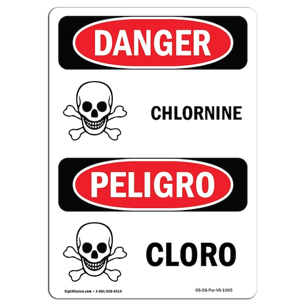 Safety Sign, OSHA Danger, 5" Height, Chlorine, Bilingual Spanish, 10PK